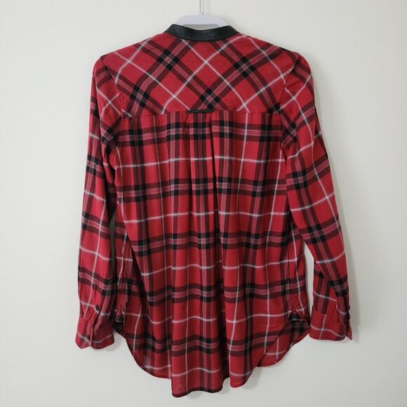 Vince. Womens Plaid Button-Down Shirt Red Black Long Sleeve Leather Band Size 10 - Picture 3 of 8